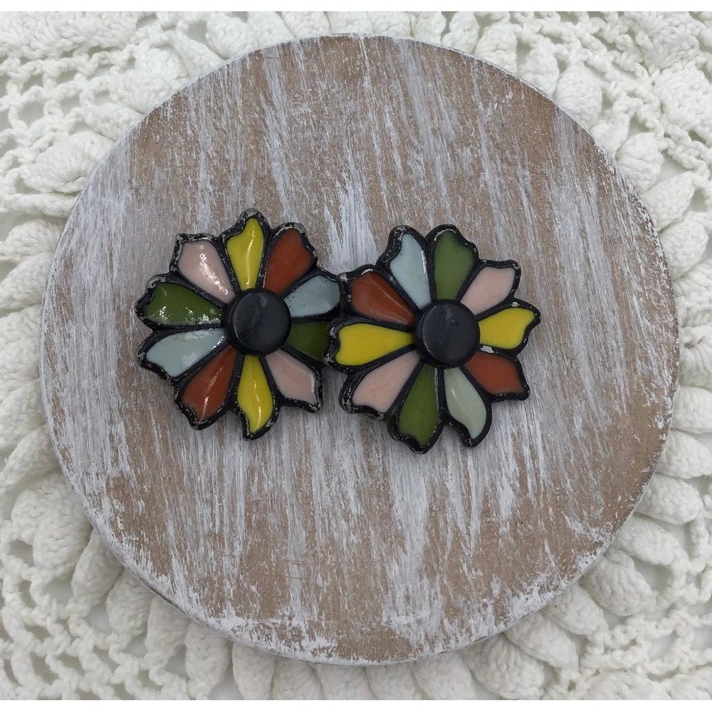 VTG 70's Enamel Flower Power Clip On Earrings Multi Color Daisy Bold Statement